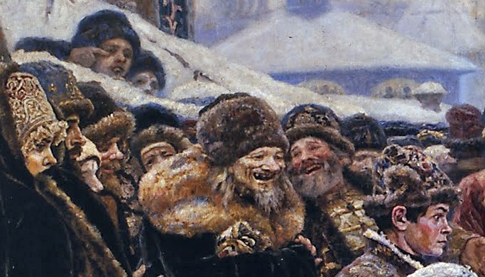 Толпа впереди, та, которая еще не увидала лица Морозовой теснится с любопытством и грубо хохочет в ожидании позорного зрелища. 